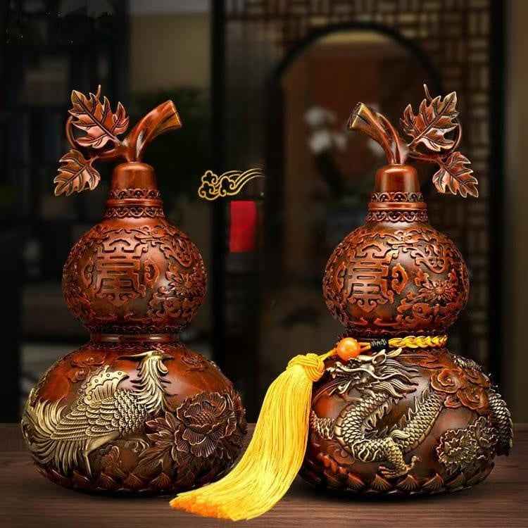 Hand-Painted Brass Dragon-Phoenix Gourd Sculpture – Harmonious Feng Shui Talisman in Three Sizes